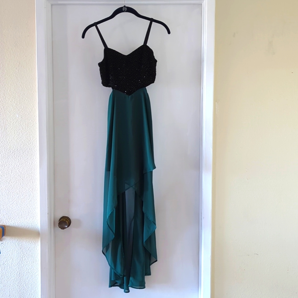 Beautiful Sequin black cut out high low dark green dress